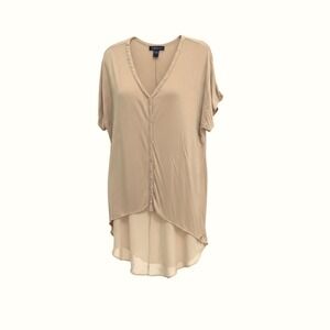 August Silk XL Tan Mixed Media Split Back High Low Tunic Top Neutral Minimalist